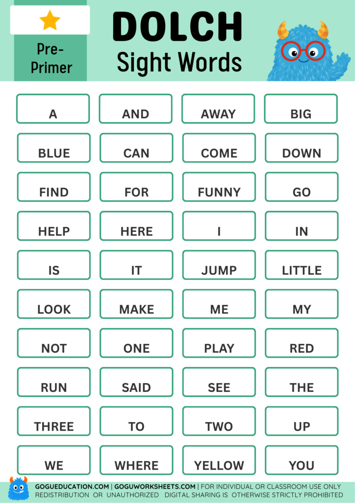 Free printable Dolch sight words poster for Pre-Primes Early Education