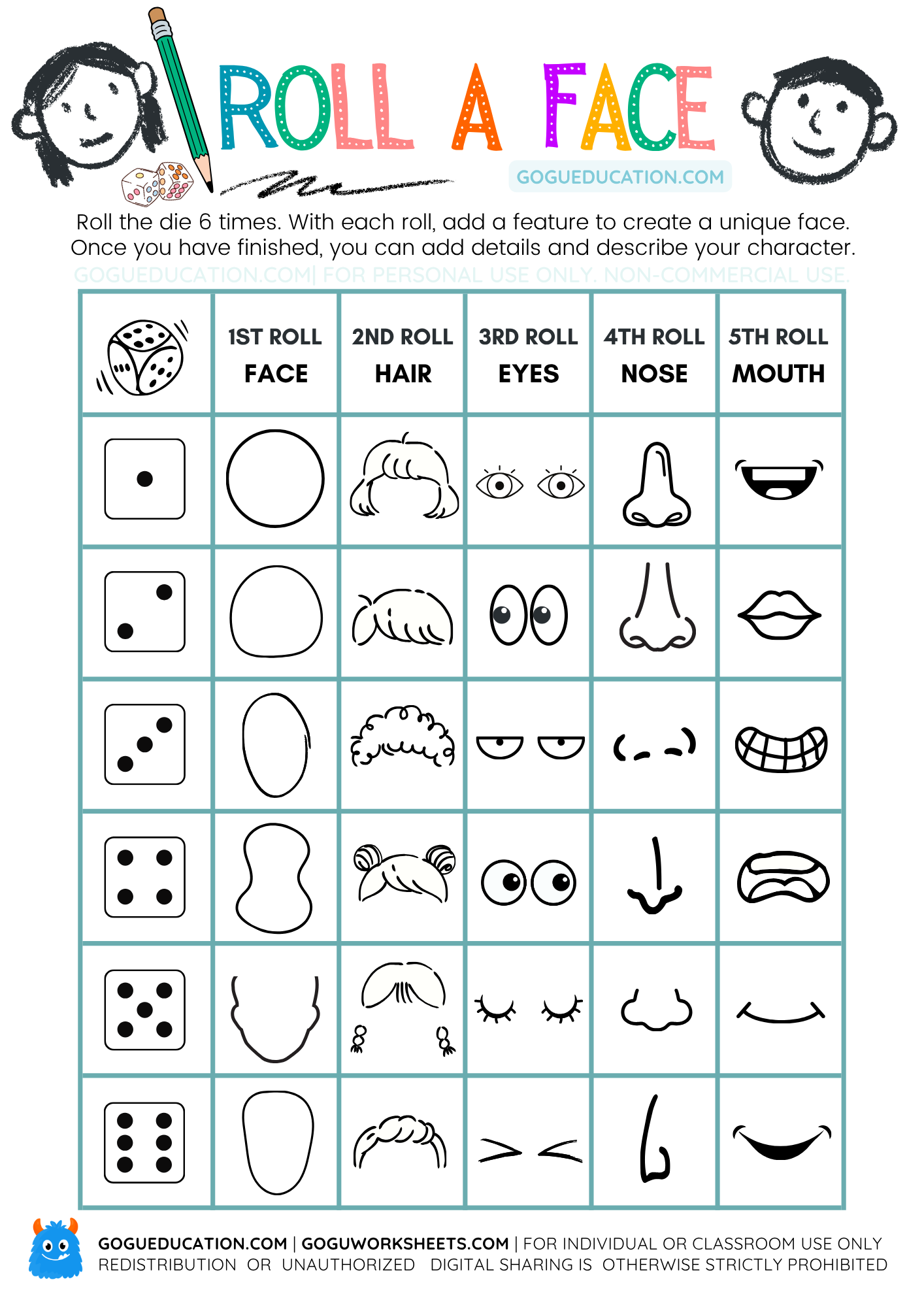 Roll a Face drawing game worksheet printable for kids