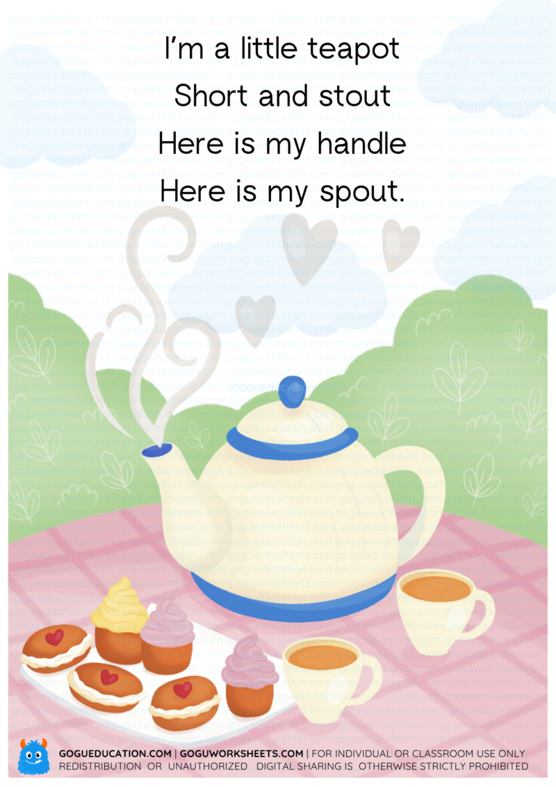 An illustrated nursery rhyme poster for 'I'm a Little Teapot' featuring a blue and white teapot, tea, and cupcakes on a pink tablecloth