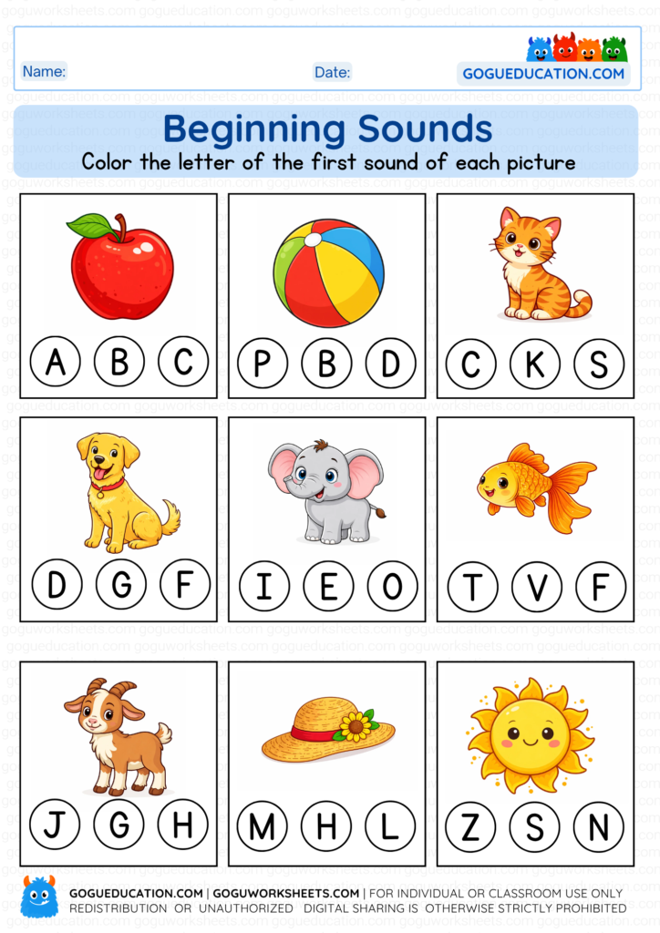 Beginning sounds phonics worksheet with apple ball cat illustrations for kindergarten