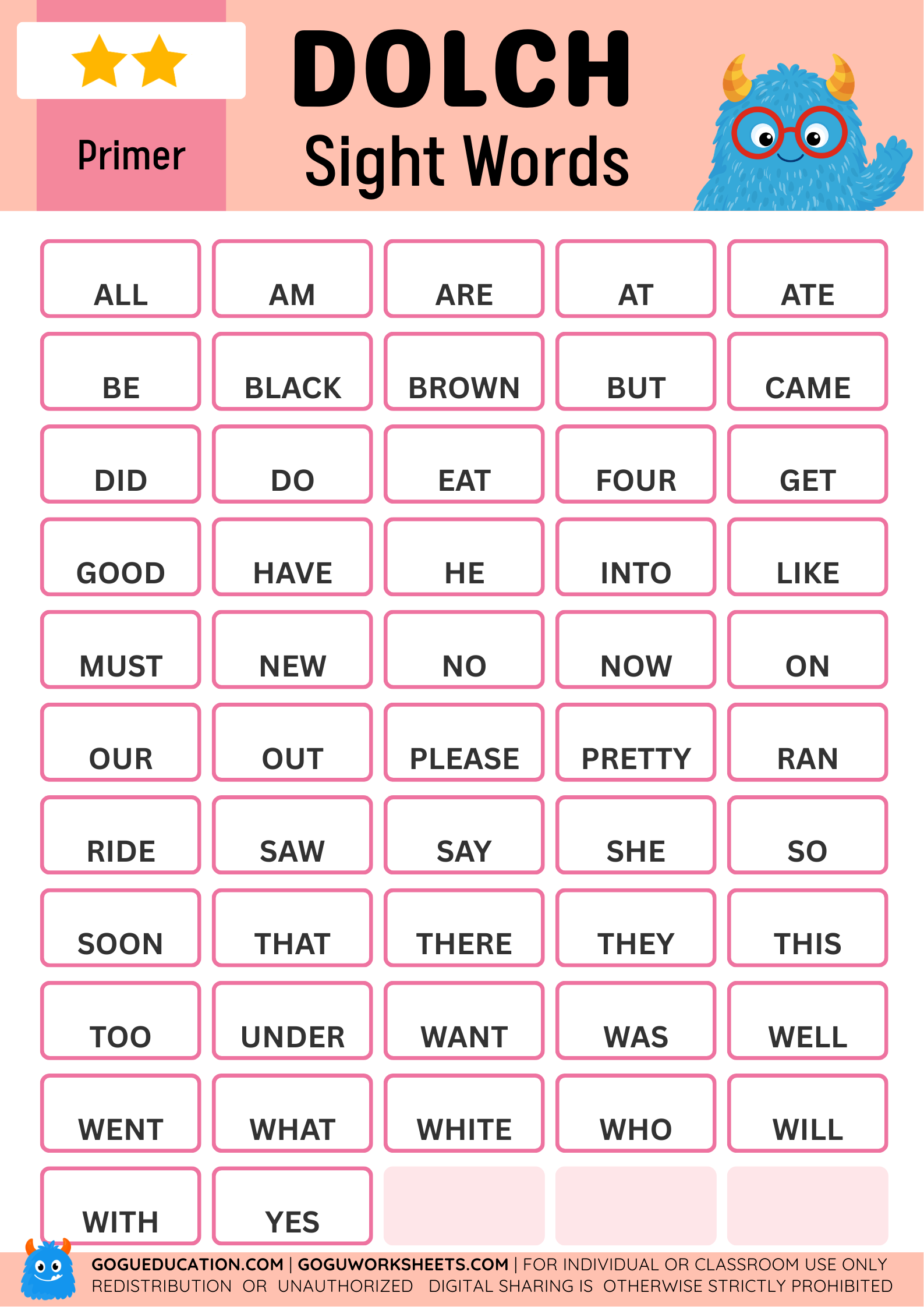 Free printable Dolch sight words poster for Primer Grade