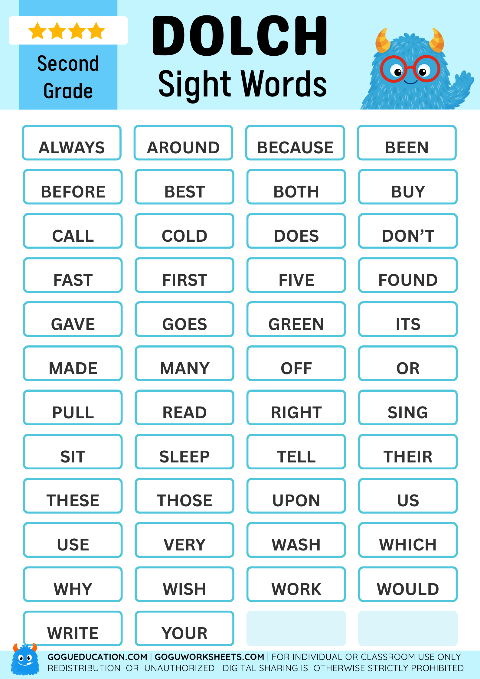 Free printable Dolch sight words poster for Second Grade