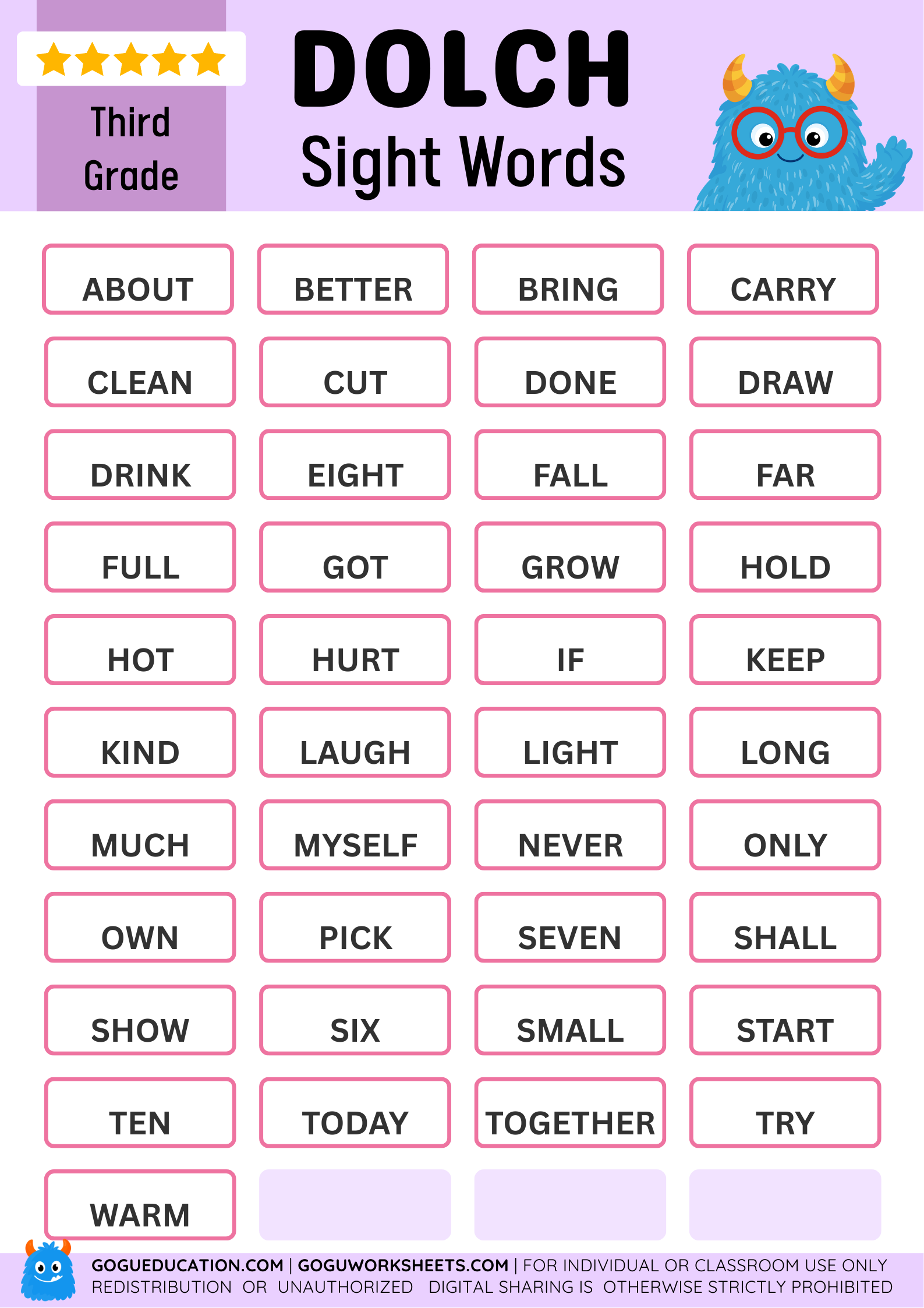 Free printable Dolch sight words poster for Third Grade