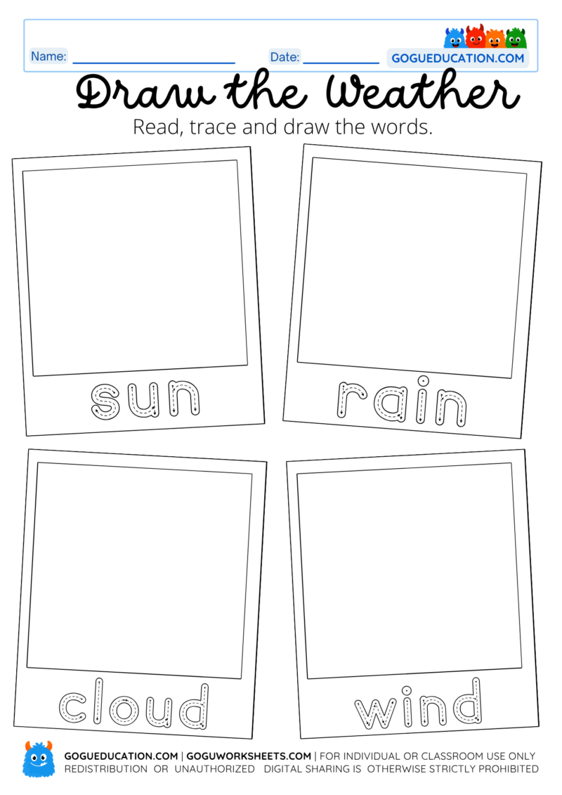 A printable "Draw the Weather" educational worksheet for children featuring four blank photo frames labeled with "sun," "rain," "cloud," and "wind" in traceable text.