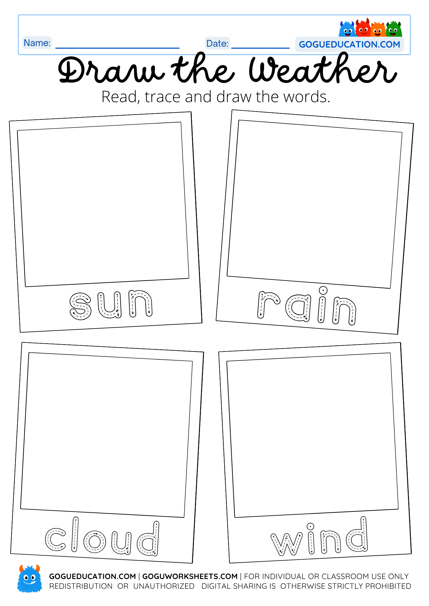 A printable "Draw the Weather" educational worksheet for children featuring four blank photo frames labeled with "sun," "rain," "cloud," and "wind" in traceable text.