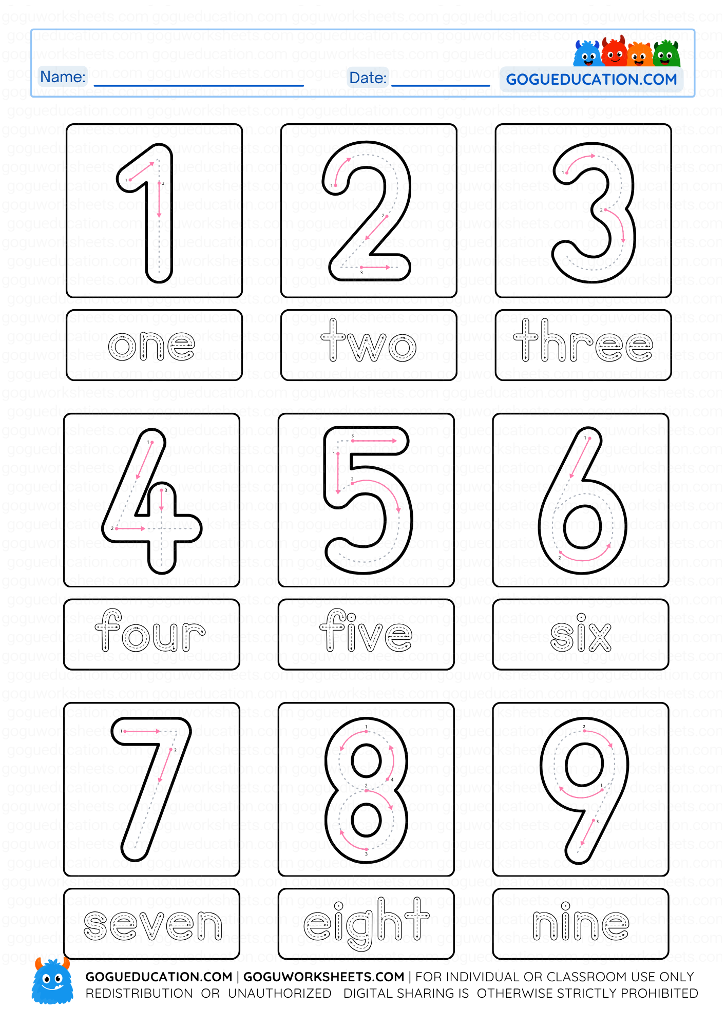 English Number Tracing Worksheet - GoguEducation
