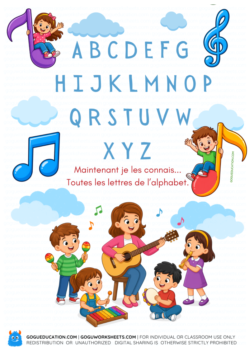 Educational French alphabet poster featuring a friendly teacher with children playing musical instruments and singing together, with the uppercase letters A through Z clearly displayed.