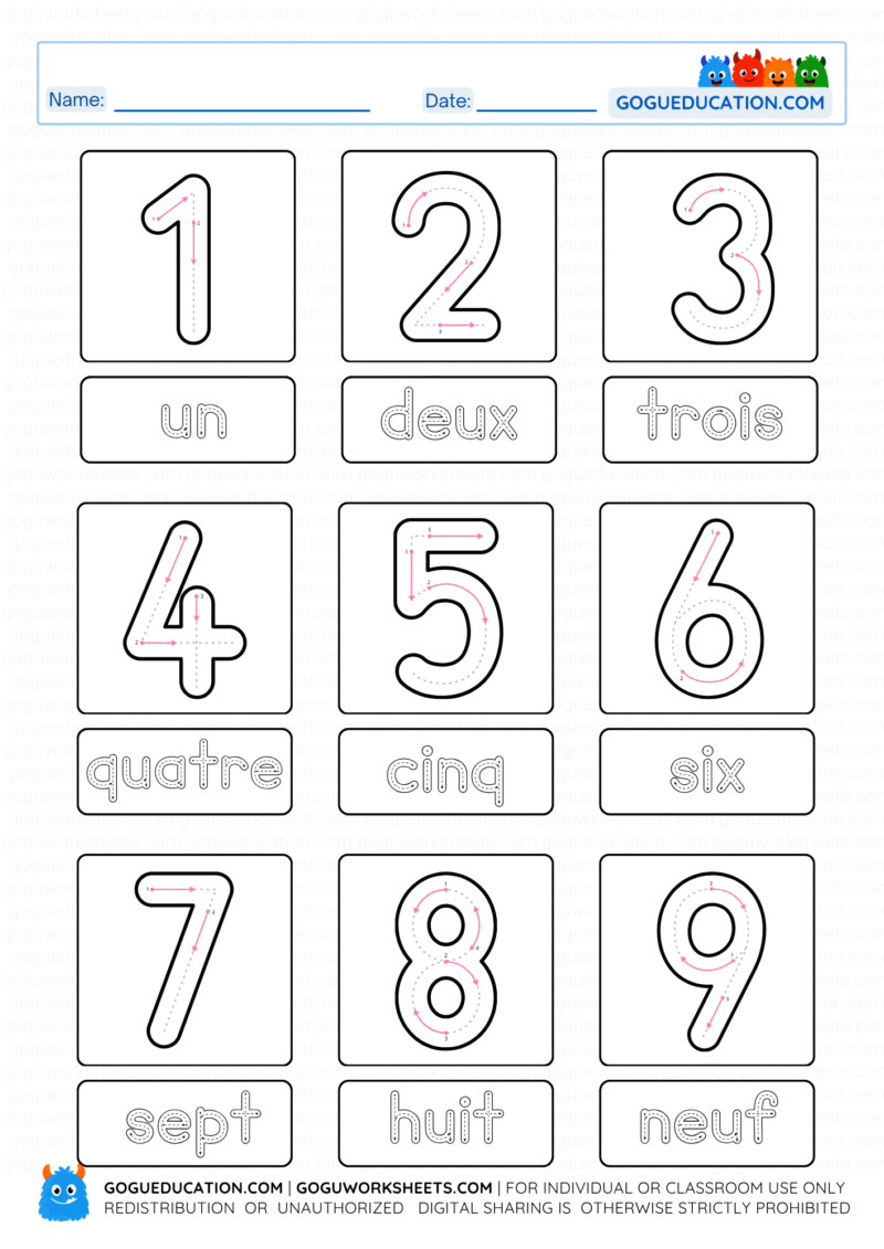 A printable French number tracing worksheet for children with numbers 1 through 9 and their corresponding French word names.