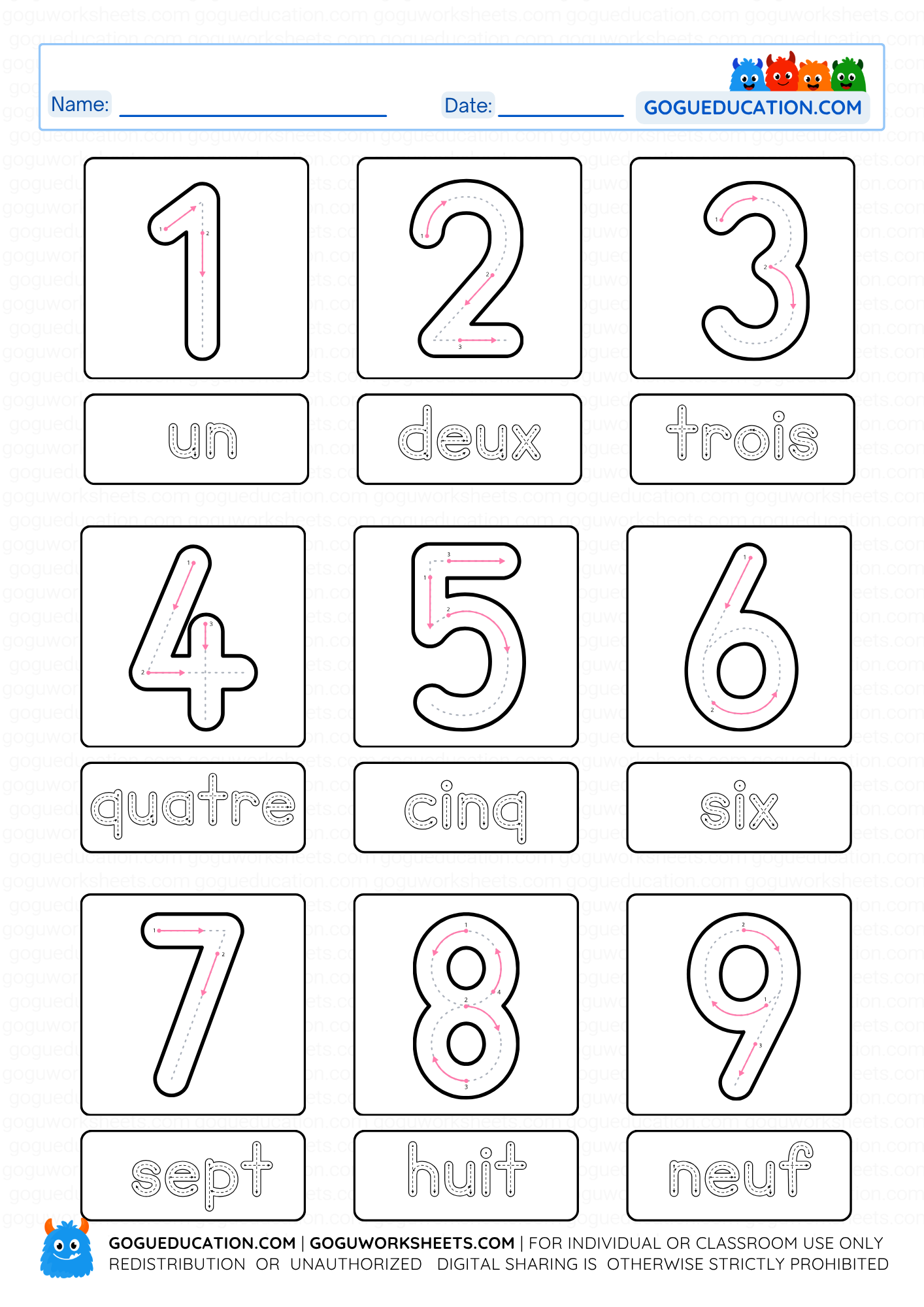 A printable French number tracing worksheet for children with numbers 1 through 9 and their corresponding French word names.