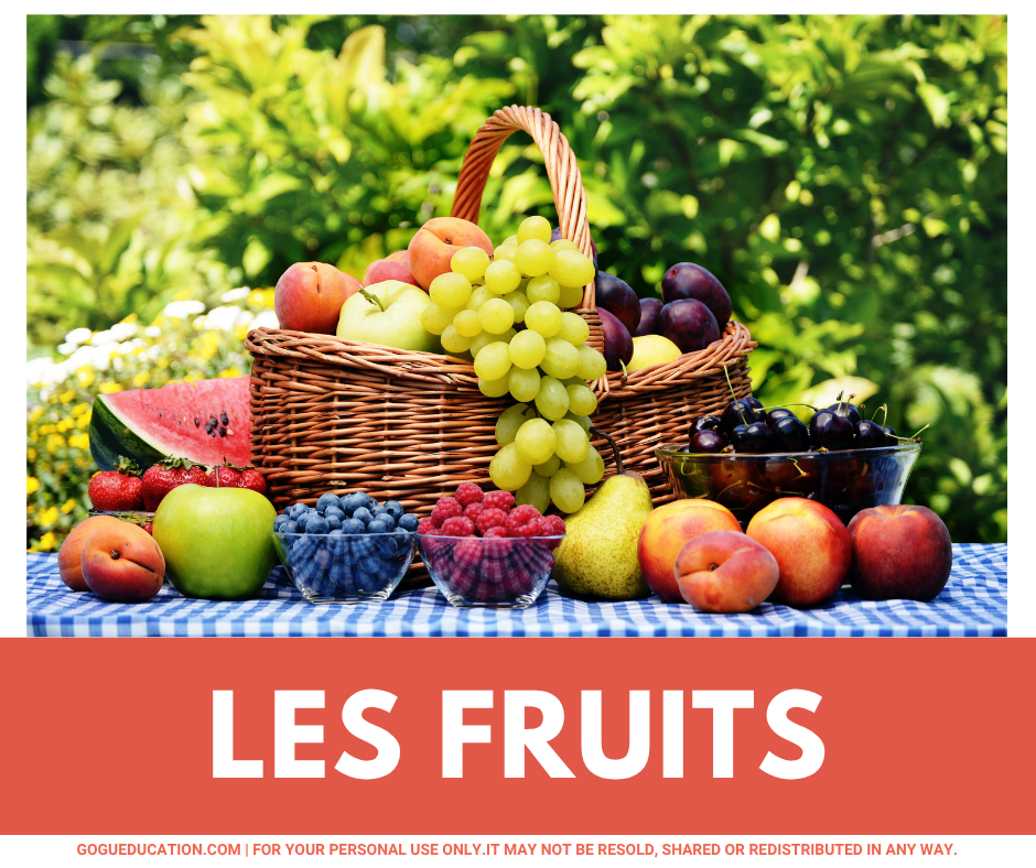 Educational poster titled 'Les Fruits' in French, featuring a rustic wooden basket filled with assorted fresh fruits like grapes, peaches, strawberries, blueberries, raspberries, a pear, an apple, and a slice of watermelon