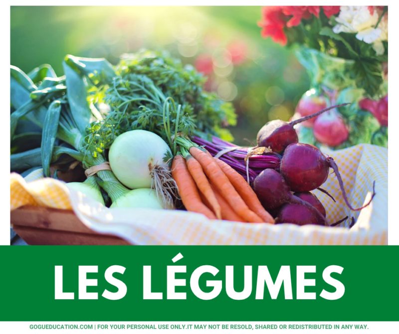 Educational poster titled 'Les Légumes' in French, displaying a basket of fresh harvest vegetables including carrots, beetroot, and white onions