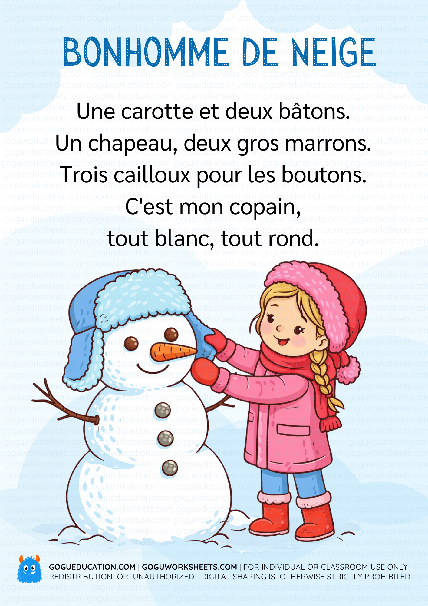 French Winter Short Poem Bonhomme de Neige - French snowman vocabulary worksheet for kids