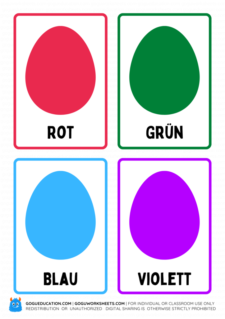 German color flashcards for kids featuring Rot, Grün, Blau, and Violett with egg illustrations, Gogu Education printable vocabulary.
