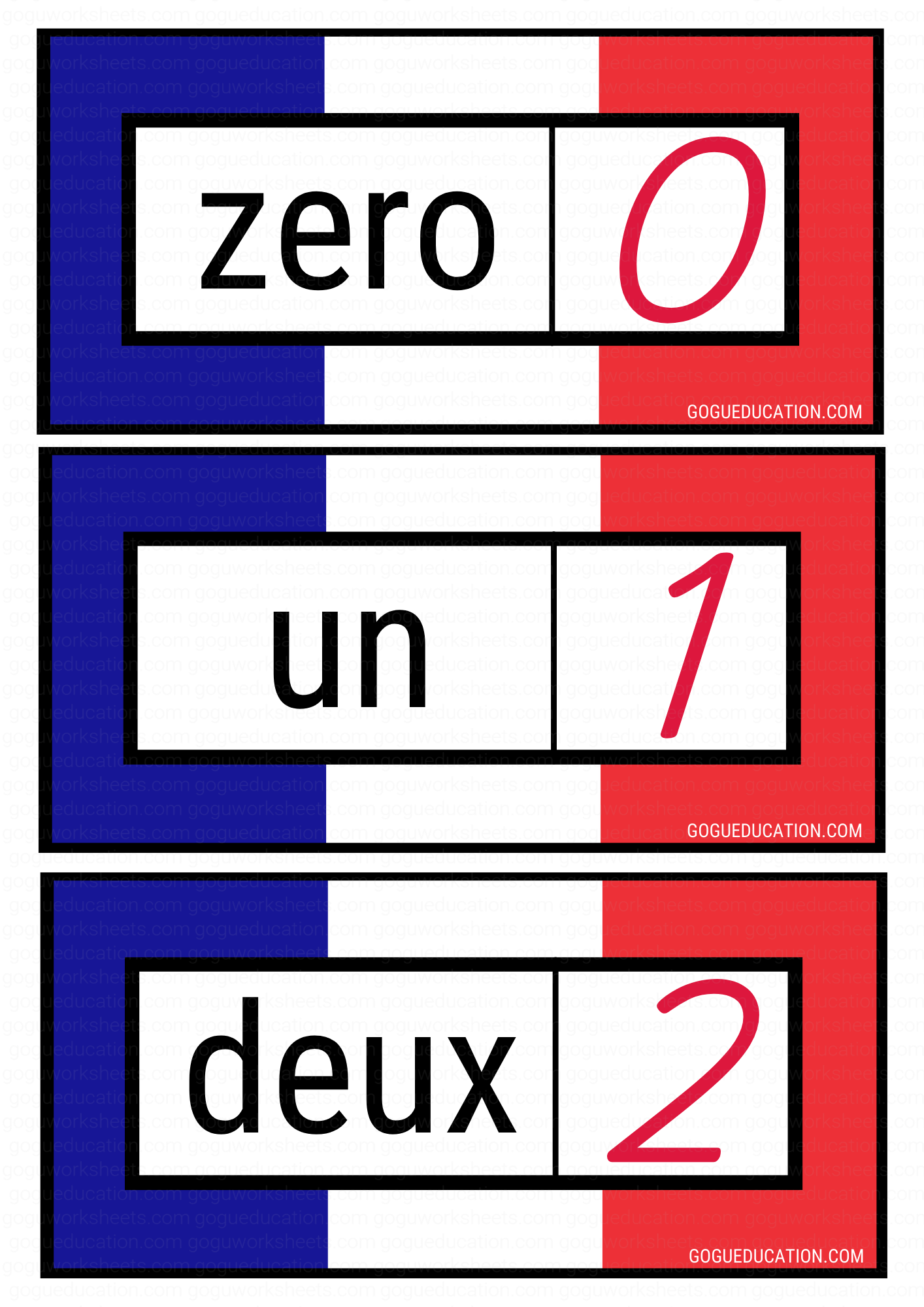 French number flashcards for kids showing zero (zéro), one (un), and two (deux) with French flag colors and bold numerals.