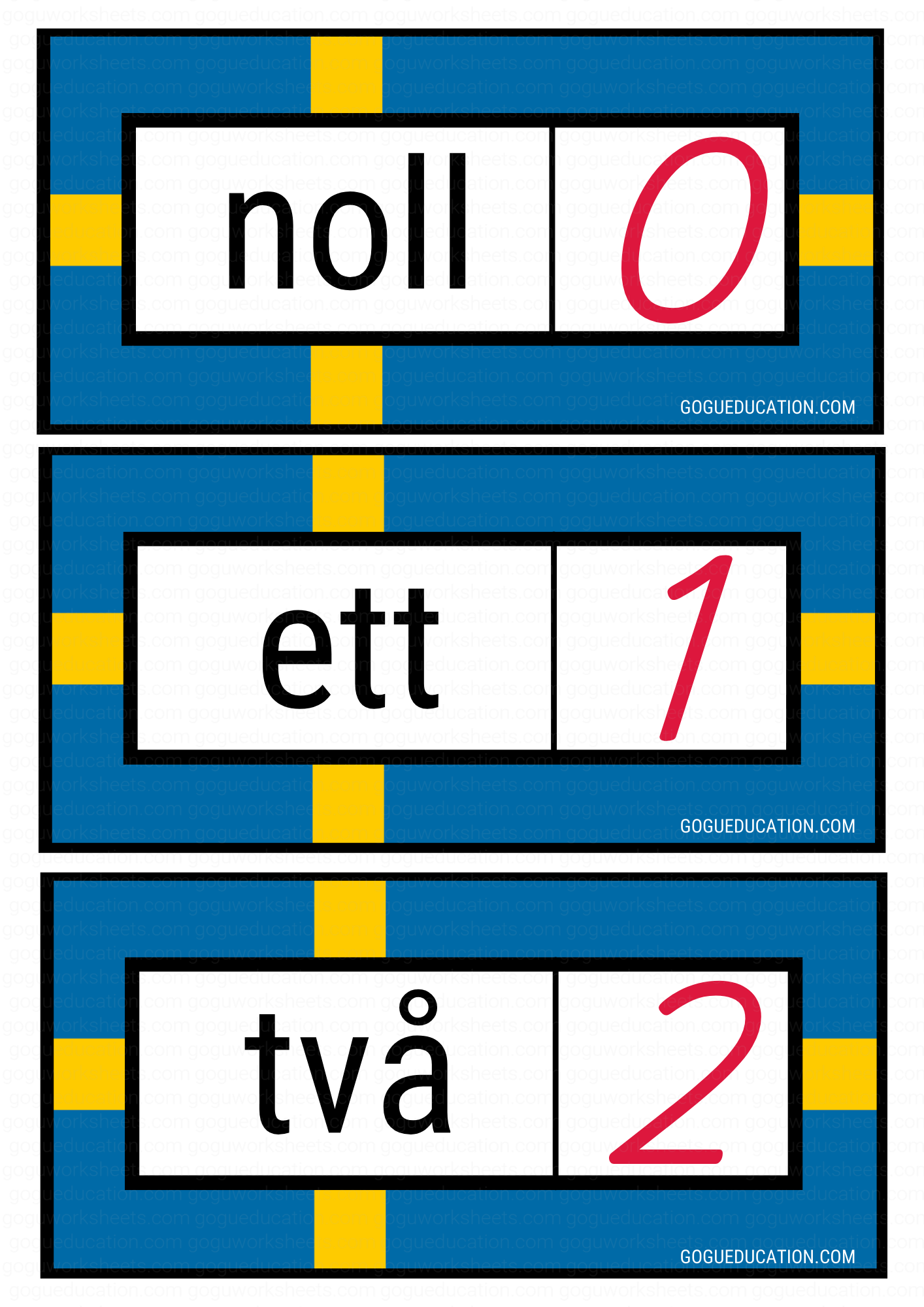 Swedish number flashcards for kids showing noll (0), ett (1), and två (2) with Swedish flag background.