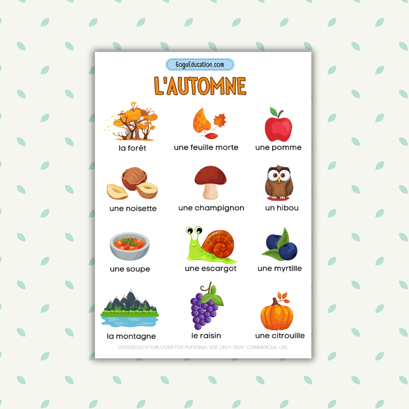 French Printable Vocabulary Autumn L'Automne Gogu Education