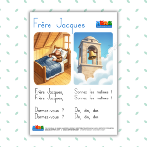 Frère Jacques nursery rhyme poster for classroom wall with whimsical illustrations