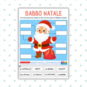 Babbo Natale Body Parts worksheet in Italian showing Santa Claus with labels for Il Cappello, La Barba, and I Guanti.