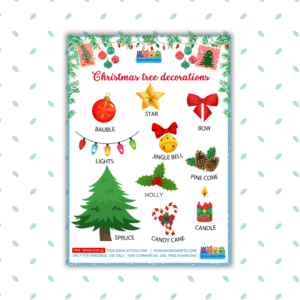 Free printable Christmas tree decorations vocabulary poster for ESL students featuring baubles lights and stars