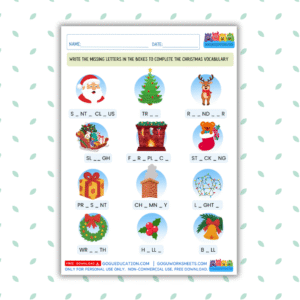 Christmas missing letters worksheet for kids - fill in the blank spelling activity with reindeer and Santa