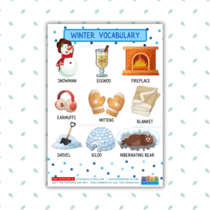 Free winter vocabulary poster for ESL students featuring snowman mittens and igloo illustrations