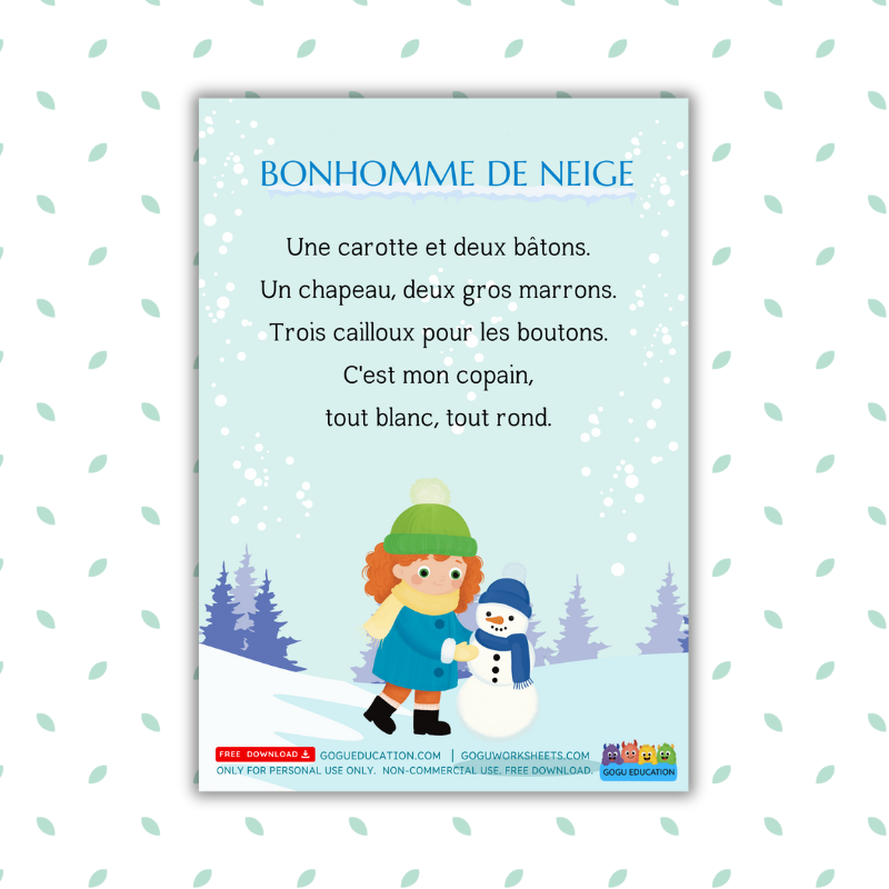 Free French nursery rhyme poster Bonhomme de Neige for kids - winter snowman poem