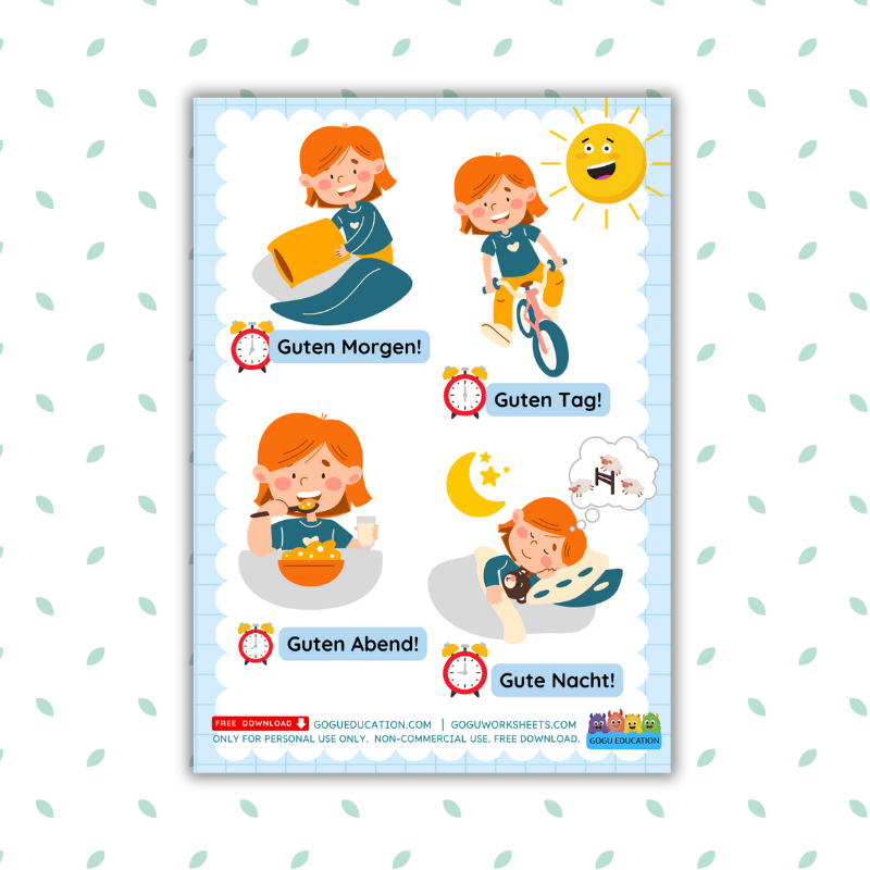 Free German greetings poster for kids featuring Guten Morgen and Gute Nacht illustrations