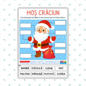 Moș Crăciun Body Parts worksheet in Romanian showing Santa Claus with labels for Căciulă, Palton, and Sac for kids.
