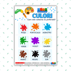 A4 printable wall chart for learning Romanian colors, featuring high-contrast illustrations and clear text for preschool and kindergarten students.