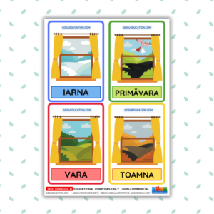Free printable Romanian seasons flashcards featuring anotimpurile Primavara Vara Toamna Iarna