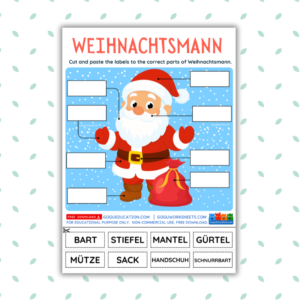 Weihnachtsmann Body Parts worksheet in German showing Santa Claus with labels for Mütze, Mantel, and Sack