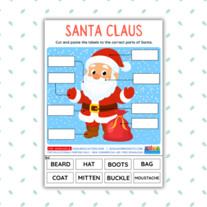 Printable Santa Claus cut and paste worksheet for kids showing body parts like hat and boots.