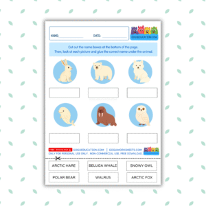Preview GoguWorksheets.com – Cut and Paste Label the Arctic Animals Activity Worksheet- GoguEducation.com