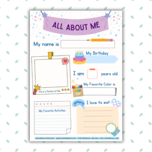 All About Me worksheet printable PDF for back to school with sections for self-portrait, age, and favorite things