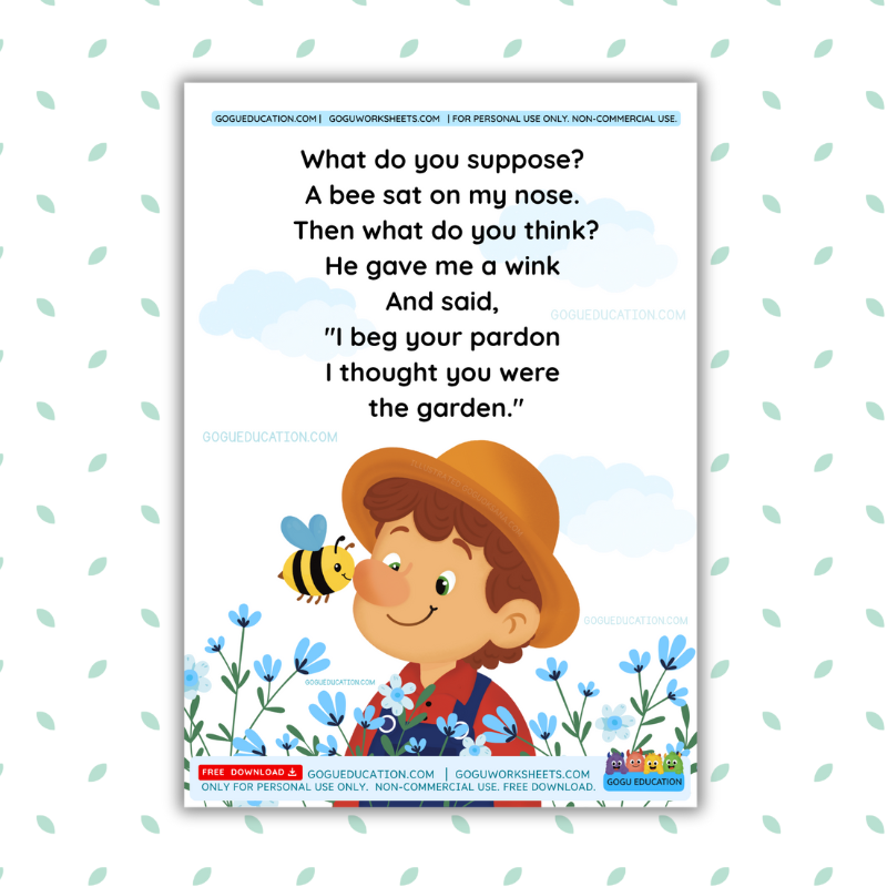 GoguWorksheets.com – English nursery rhyme - Finger play - A bee sat on my nose Activity for Kids Gogu Education