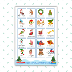 Printable French Christmas Vocabulary worksheet PDF displaying 20 illustrated holiday words including Père Noël and Un Cadeau for kids.