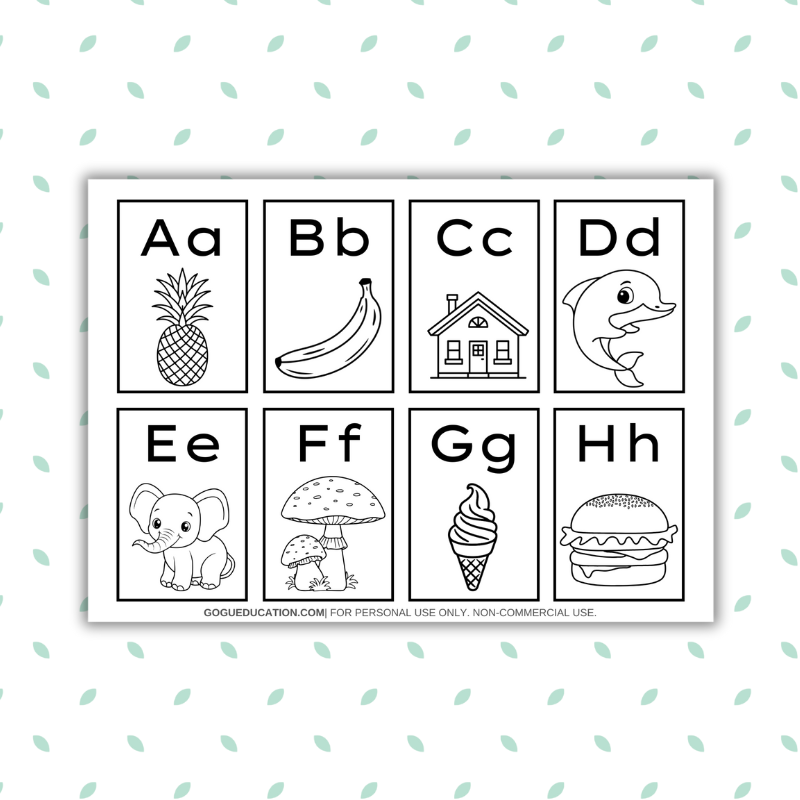 Printable Italian Alphabet coloring flashcards PDF showing large outline letters A-Z for kids educational activities