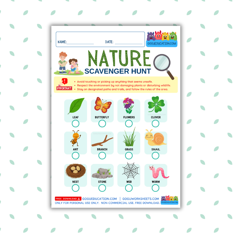 Printable nature scavenger hunt worksheet featuring illustrations of trees, birds, and clouds for English students