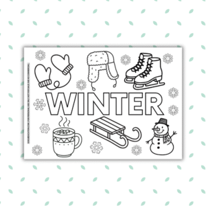 Free printable winter coloring page for kids with snowman mittens and hot cocoa illustrations