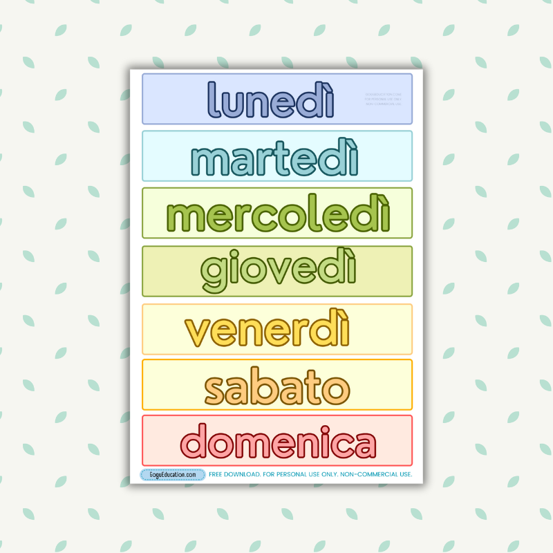 Italian Months of the Year Seasons Days of the Week Poster