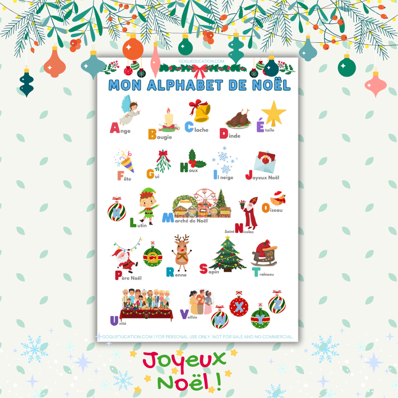 Special French Christmas Alphabet Educational Printable Poster Gogu Education