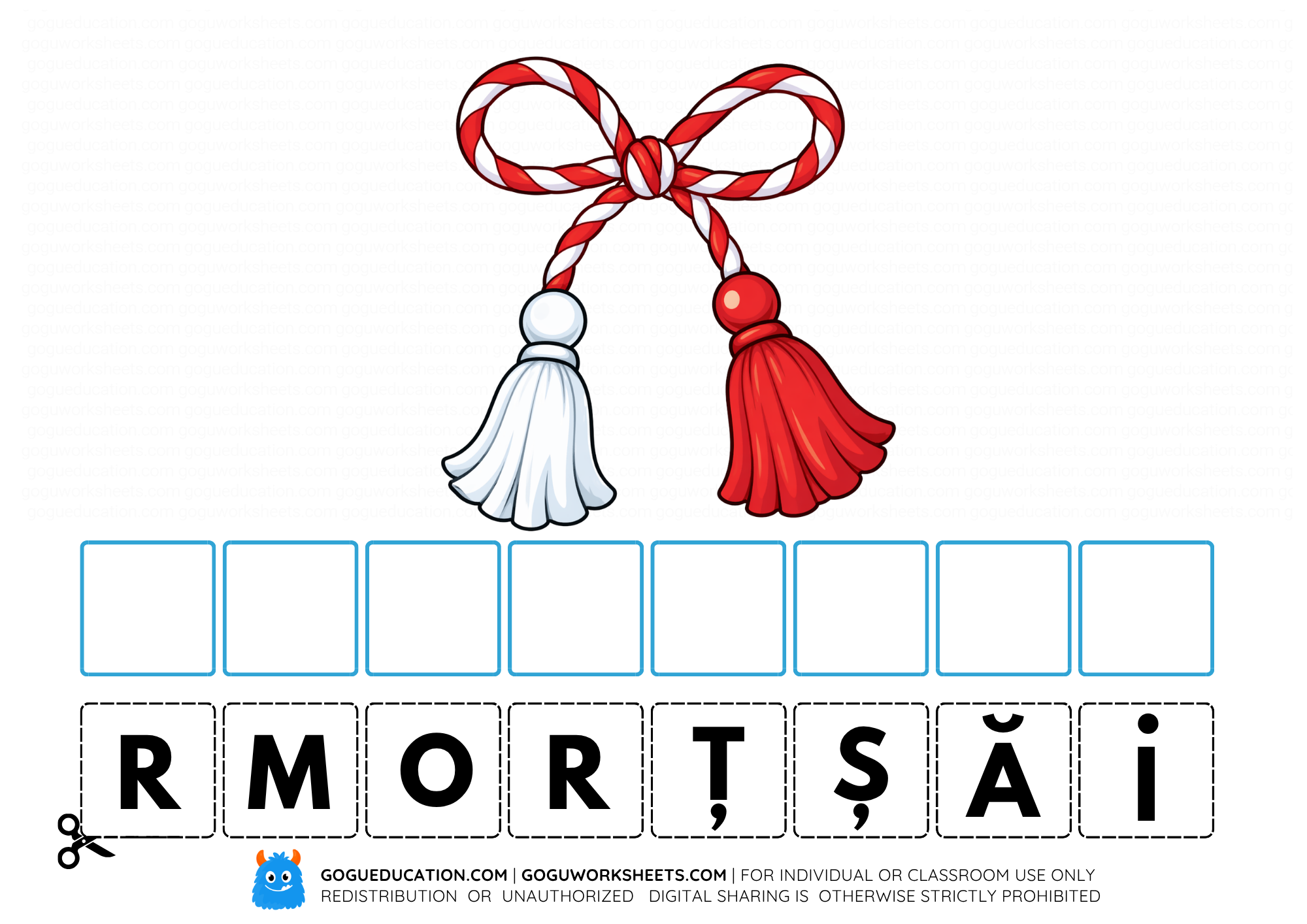 Interactive Romanian worksheet for kids to cut and paste the letters of the word Mărțișor, featuring a traditional red and white spring symbol.